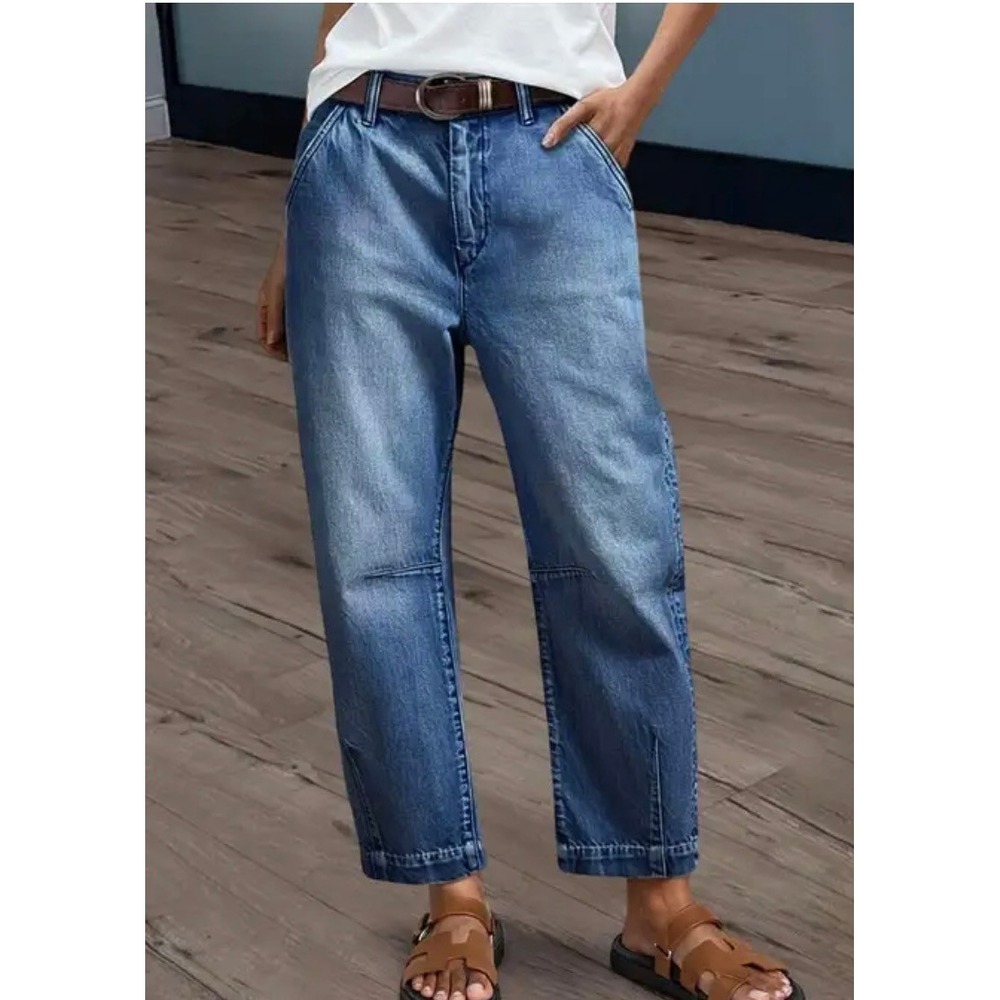 Flamingals Medium Wash High Waisted Barrel Jeans Size S Tapered Leg Blue Denim